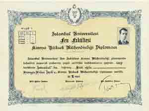 T�rkiye'nin ilk Y�ksek Kimya M�hendisi olan H�seyin Hilmi I��k'�n 1936 y�l�nda ald��� 1/1 say�l� diplomas�